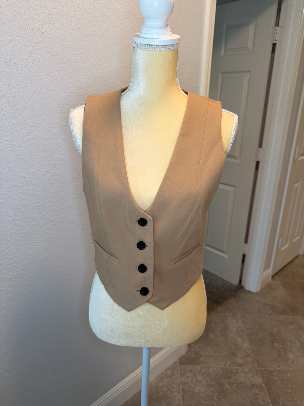 Zara Tan Vest with Black Buttons